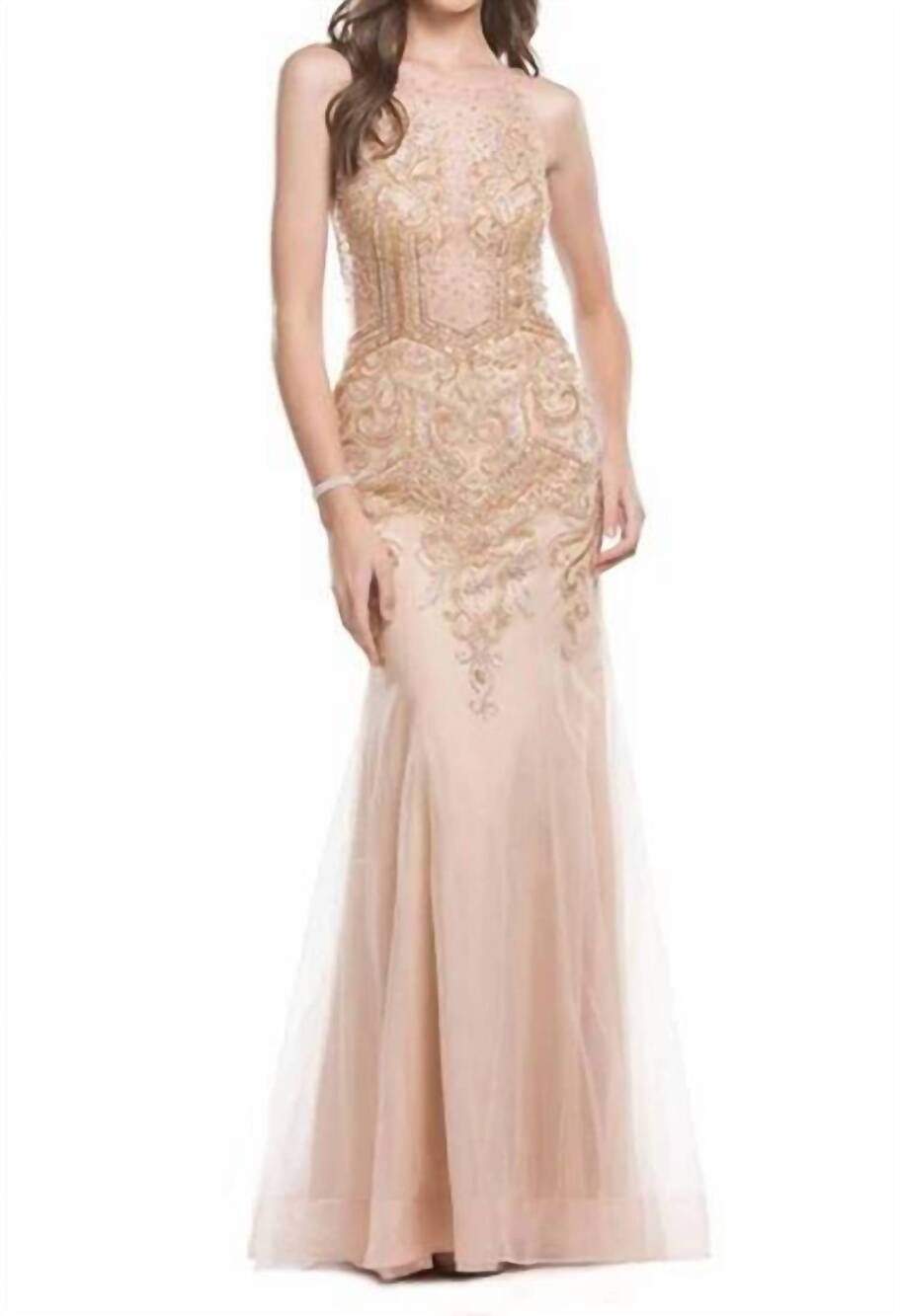 NEW ASPEED DESIGN sleeveless beaded sheath prom maxi dress in champagne gold